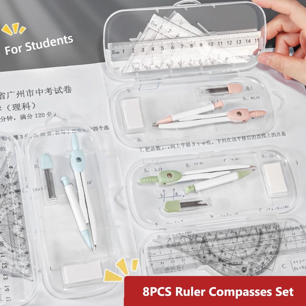 Ruler Set Transparent - 8-delige set plastic linialen, passer, gum,