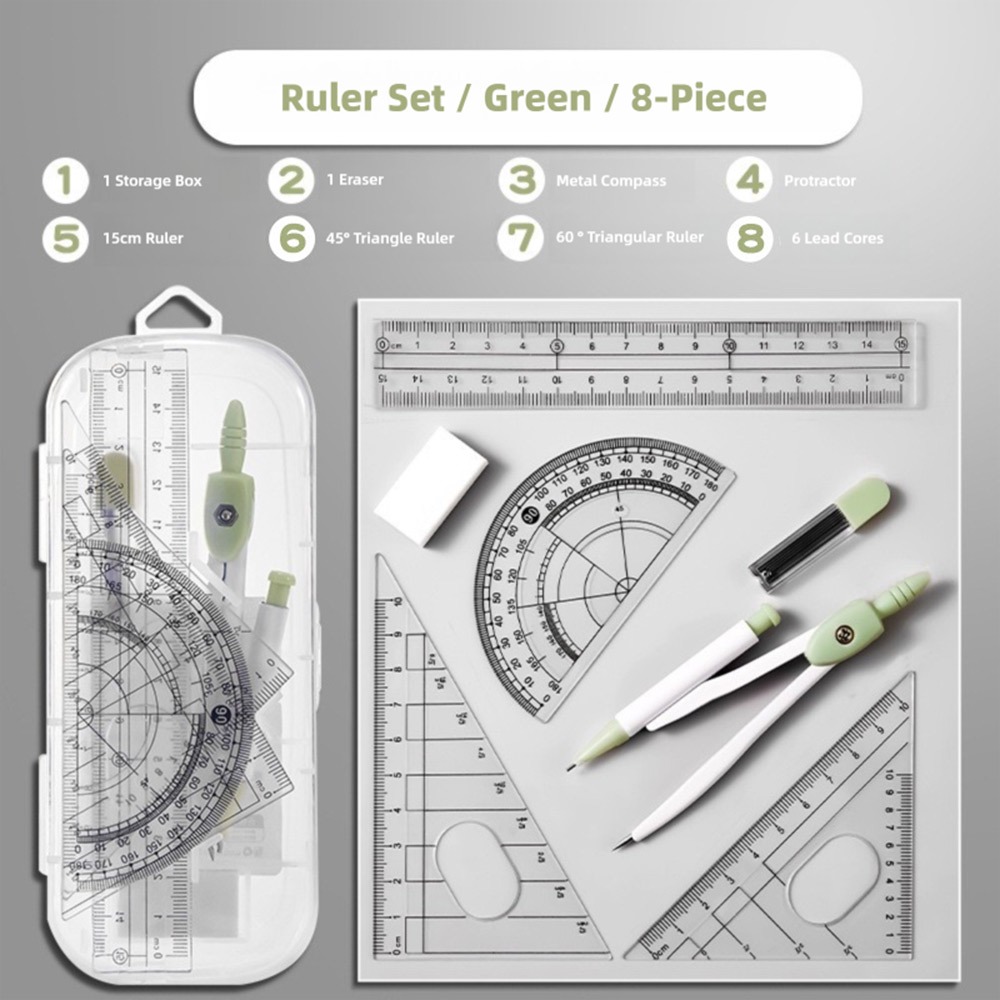 Ruler Set Transparent - 8 stks/set Plastic Liniaal Kompassen Set